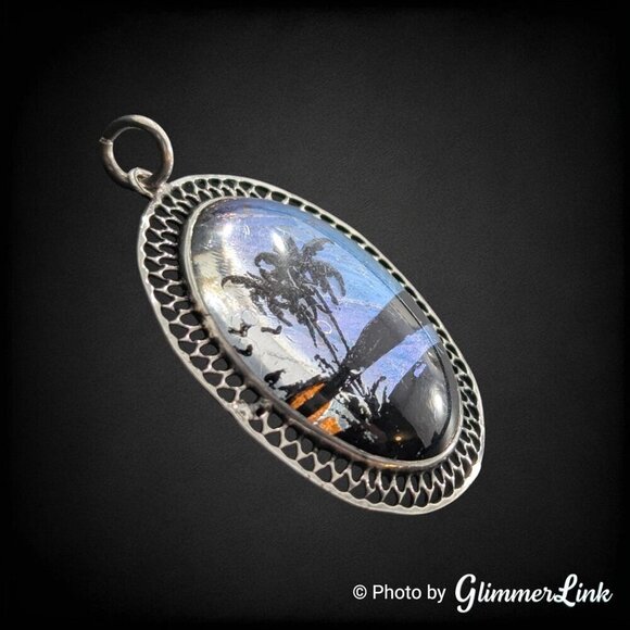 VTG Butterfly Wing Tropical Beach Scene Sterling Silver Oval Filigree Pendant - Picture 2 of 7